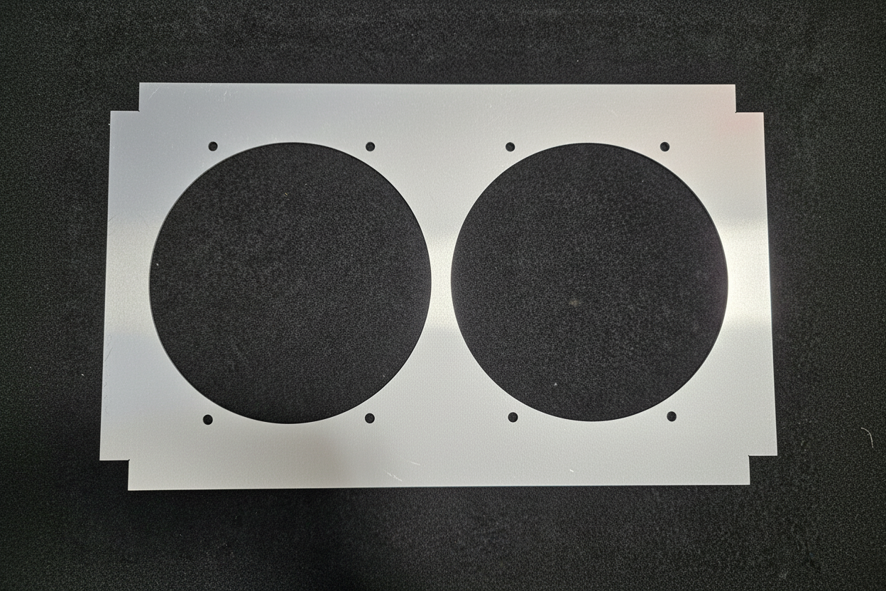 AE86 Dual Fan Shroud for two Spal 12 inch fans - laser cut aluminum on black felt background