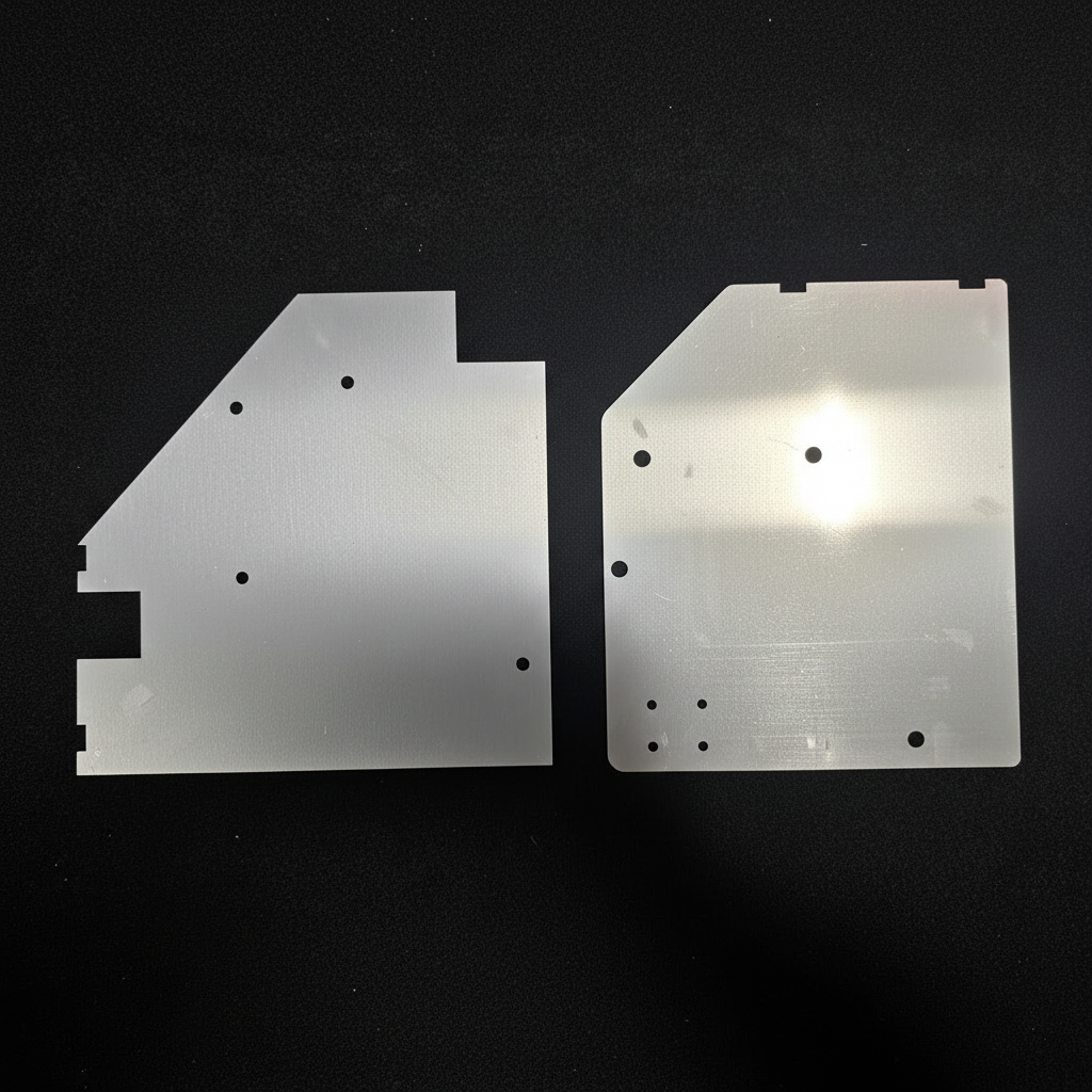 Two aluminum kick panel blanks for Datsun 260Z on black background